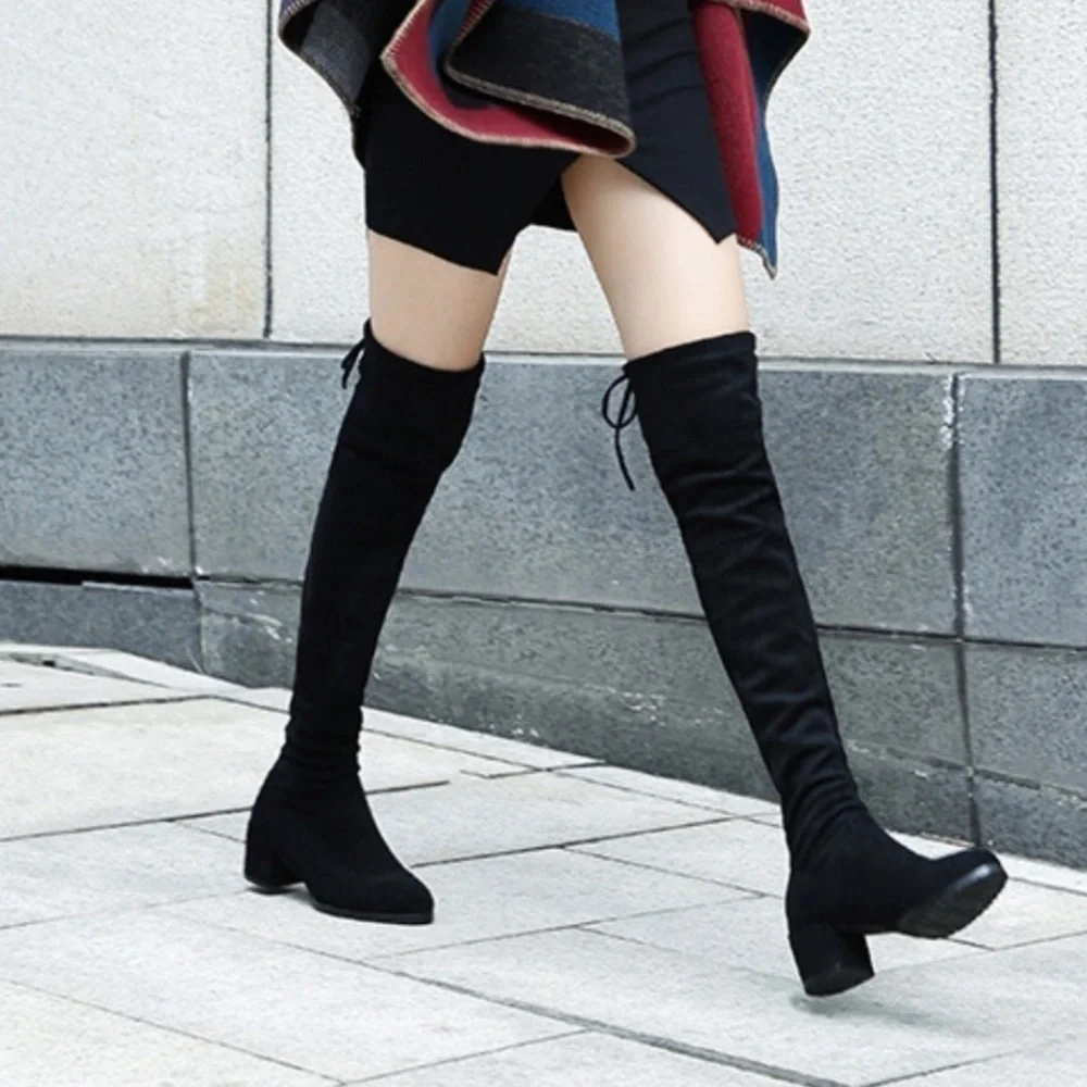 Black Faux Suede Over The Knee Block Heel Boot 6.5